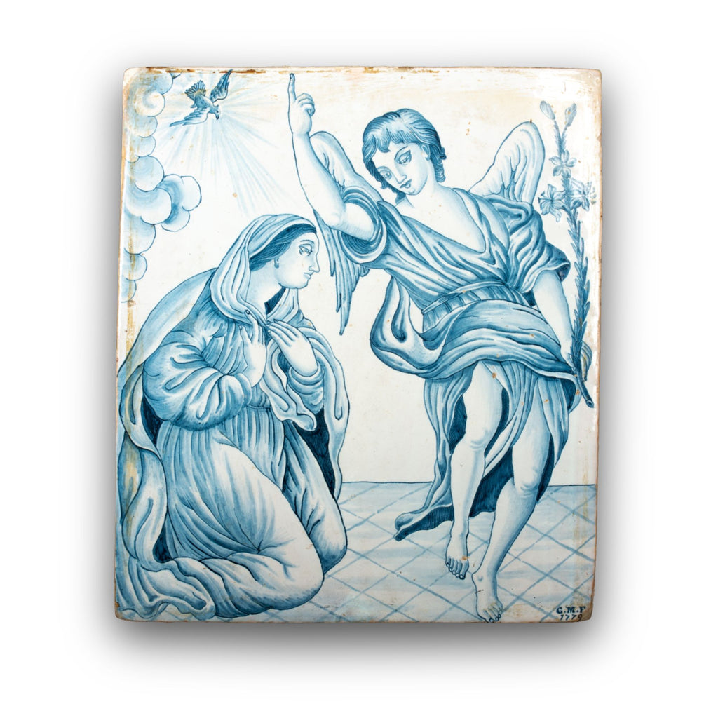 Placca in monocromo blu rappresentante l'Annunciazione autore Giovanni Meazzi 38x33 cm