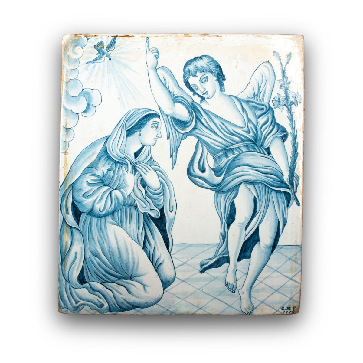 Placca in monocromo blu rappresentante l'Annunciazione autore Giovanni Meazzi 38x33 cm