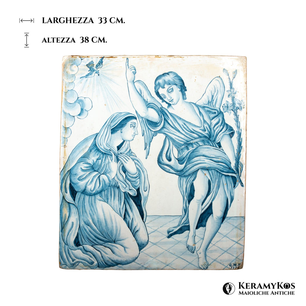 Placca in monocromo blu rappresentante l'Annunciazione autore Giovanni Meazzi 38x33 cm