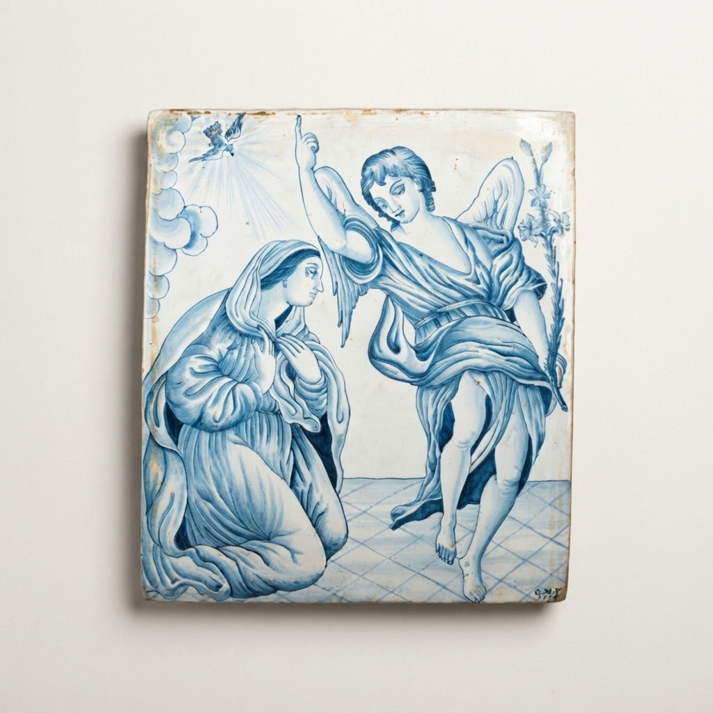 Placca in monocromo blu rappresentante l'Annunciazione autore Giovanni Meazzi 38x33 cm