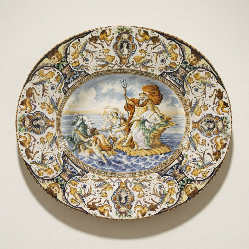 Piatto ovale in policromo avente per soggetto Poseidone greco 54x63 cm