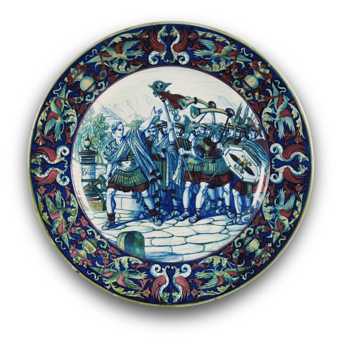 Grande piatto da parata in maiolica a lustro "Cesare al Rubicone" autrice Daria Rubboli Ø 52 cm
