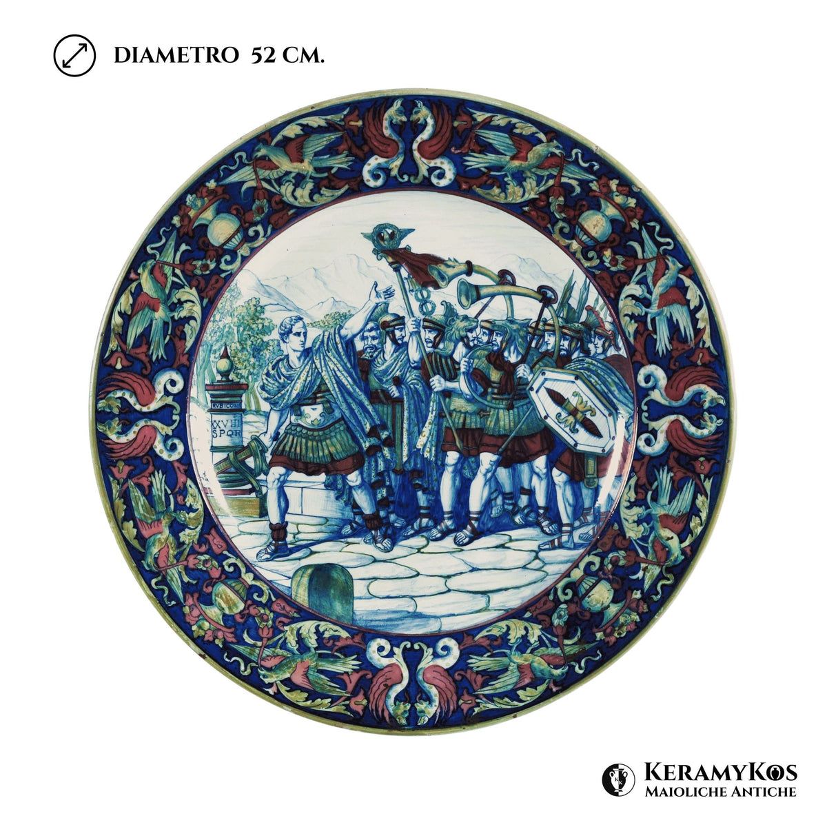 Grande piatto da parata in maiolica a lustro "Cesare al Rubicone" autrice Daria Rubboli Ø 52 cm