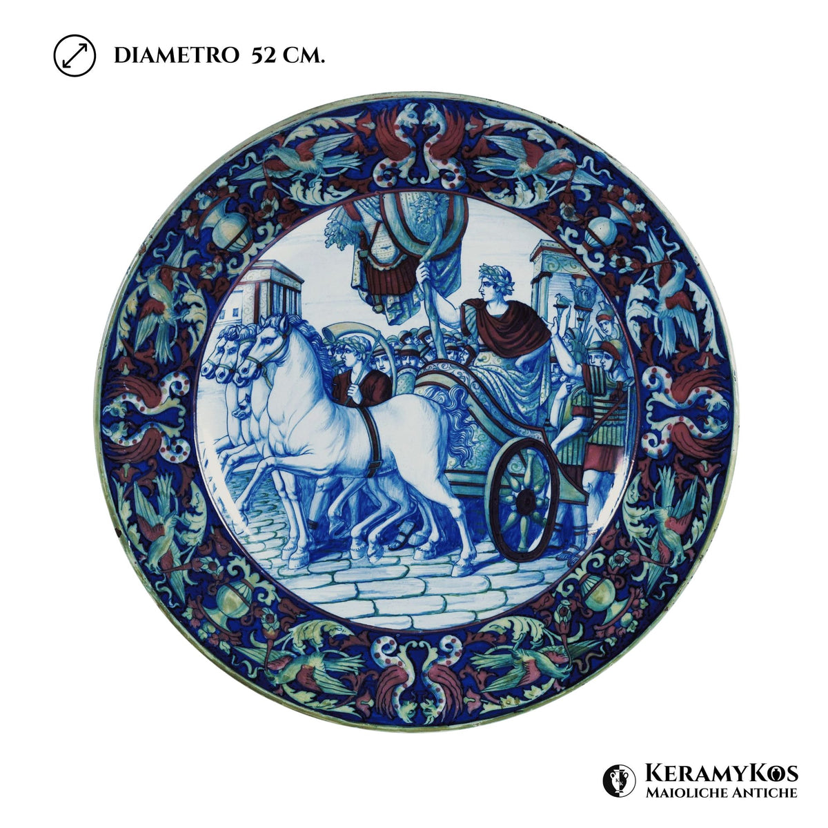 Grande piatto da parata in maiolica a lustro "Il Trionfo di Giulio Cesare" autrice Daria Rubboli Ø 52 cm 
