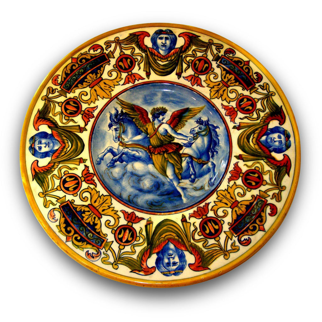 Piatto a lustro con soggetto mitologico Aurora (Eos) alla guida della quadriga autore Paolo Rubboli Ø 36 cm