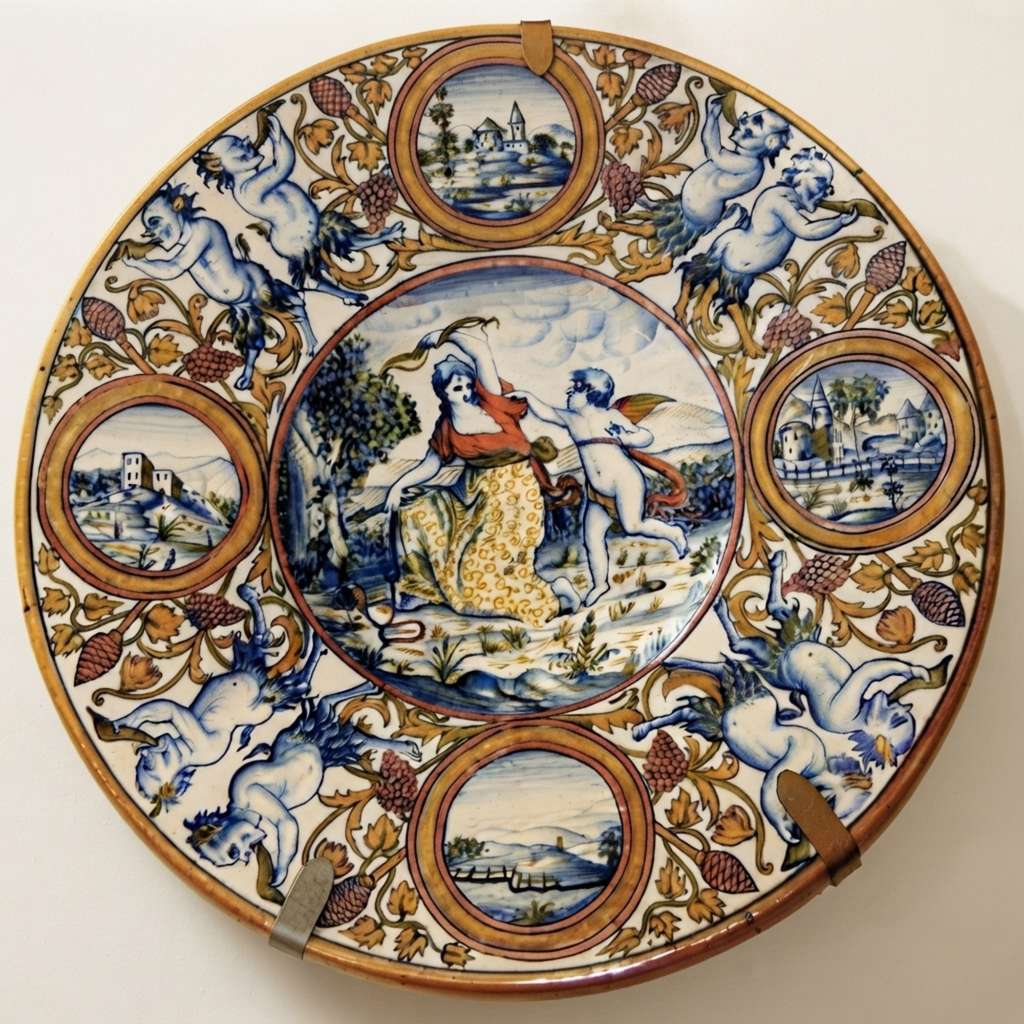 Piatto a lustro istoriato con soggetto Venere e Cupido autore Paolo Rubboli Ø 38,5 cm