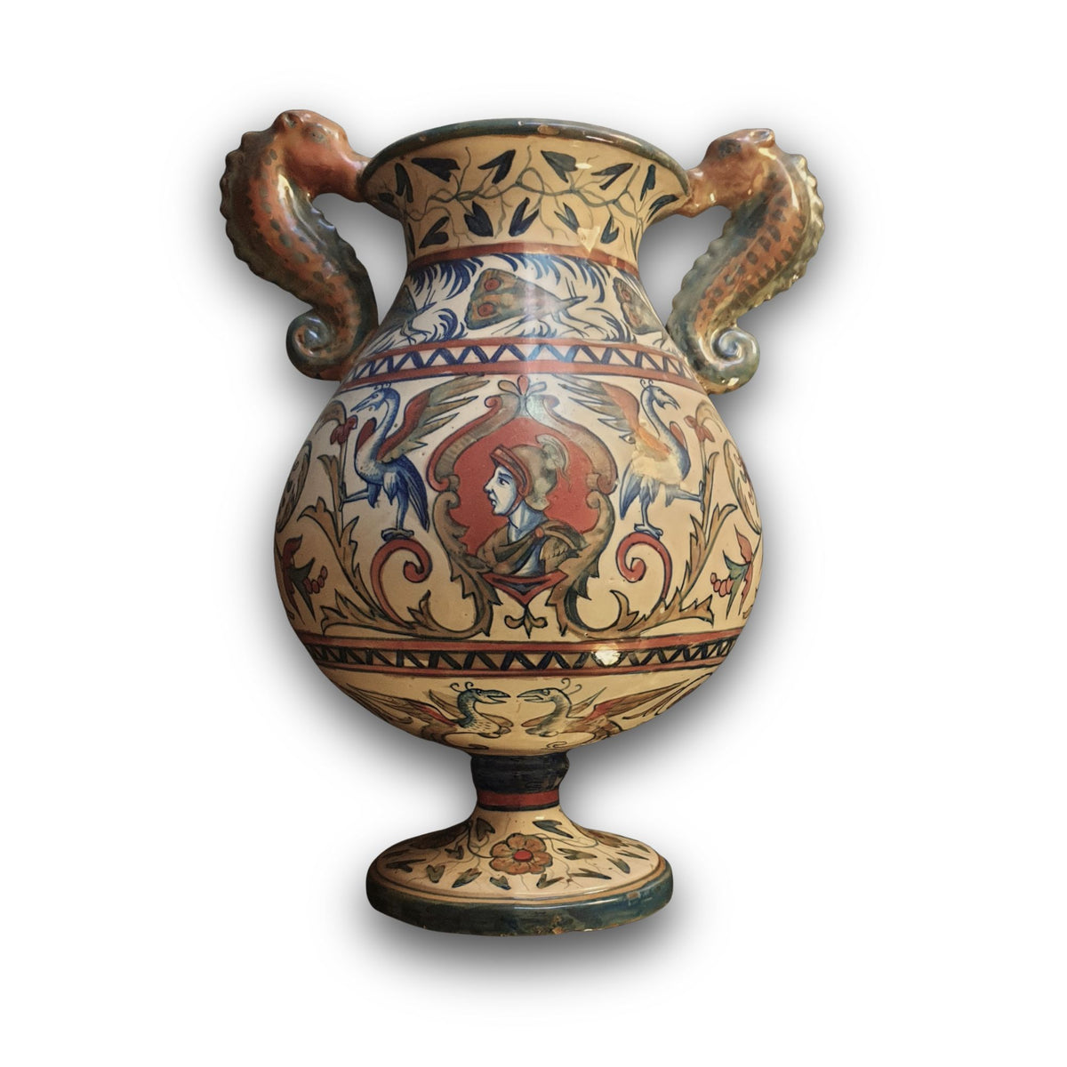 Anfora biansata a lustro con anse modellate a cavalluccio marino autore Paolo Rubboli 29 cm 