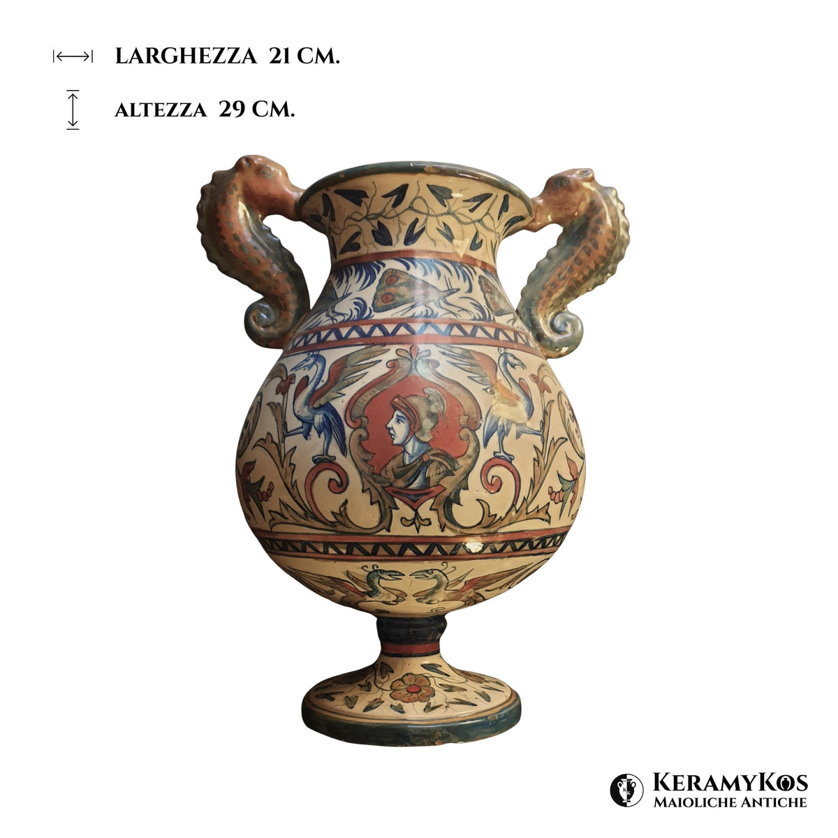 Anfora biansata a lustro con anse modellate a cavalluccio marino autore Paolo Rubboli 29 cm 