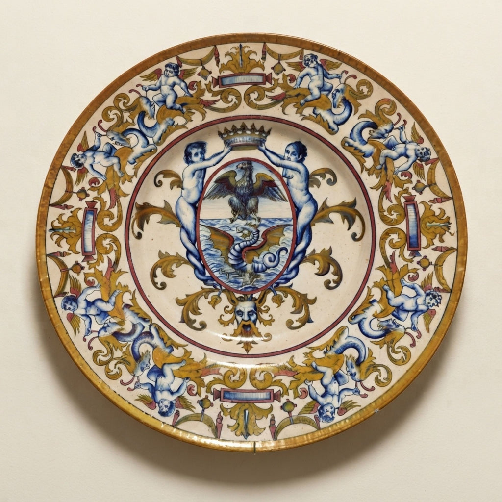 Grande piatto a lustro con stemma araldico autore Paolo Rubboli Ø 42 cm