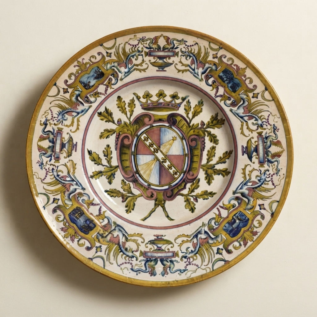 Grande piatto a lustro con stemma nobiliare autore Paolo Rubboli Ø 42 cm