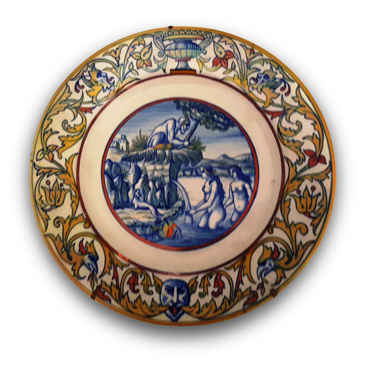 Piatto da portata a lustro con scena biblica Betsabea al bagno autore Paolo Rubboli Ø 37 cm