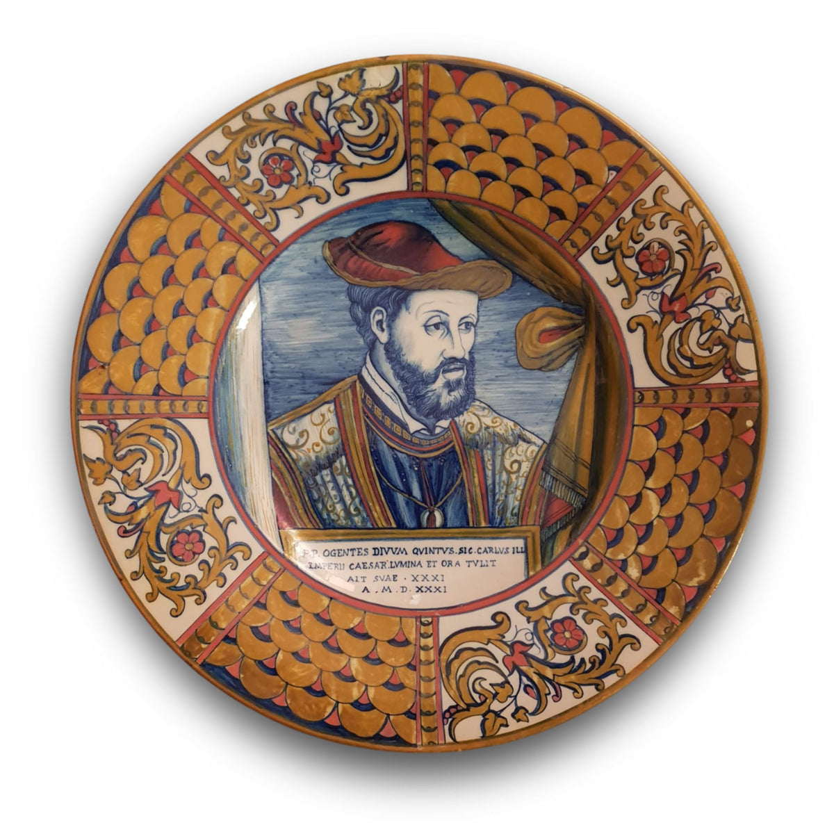 Grande piatto a lustro con ritratto di Carlo V autore Paolo Rubboli Ø 42 cm