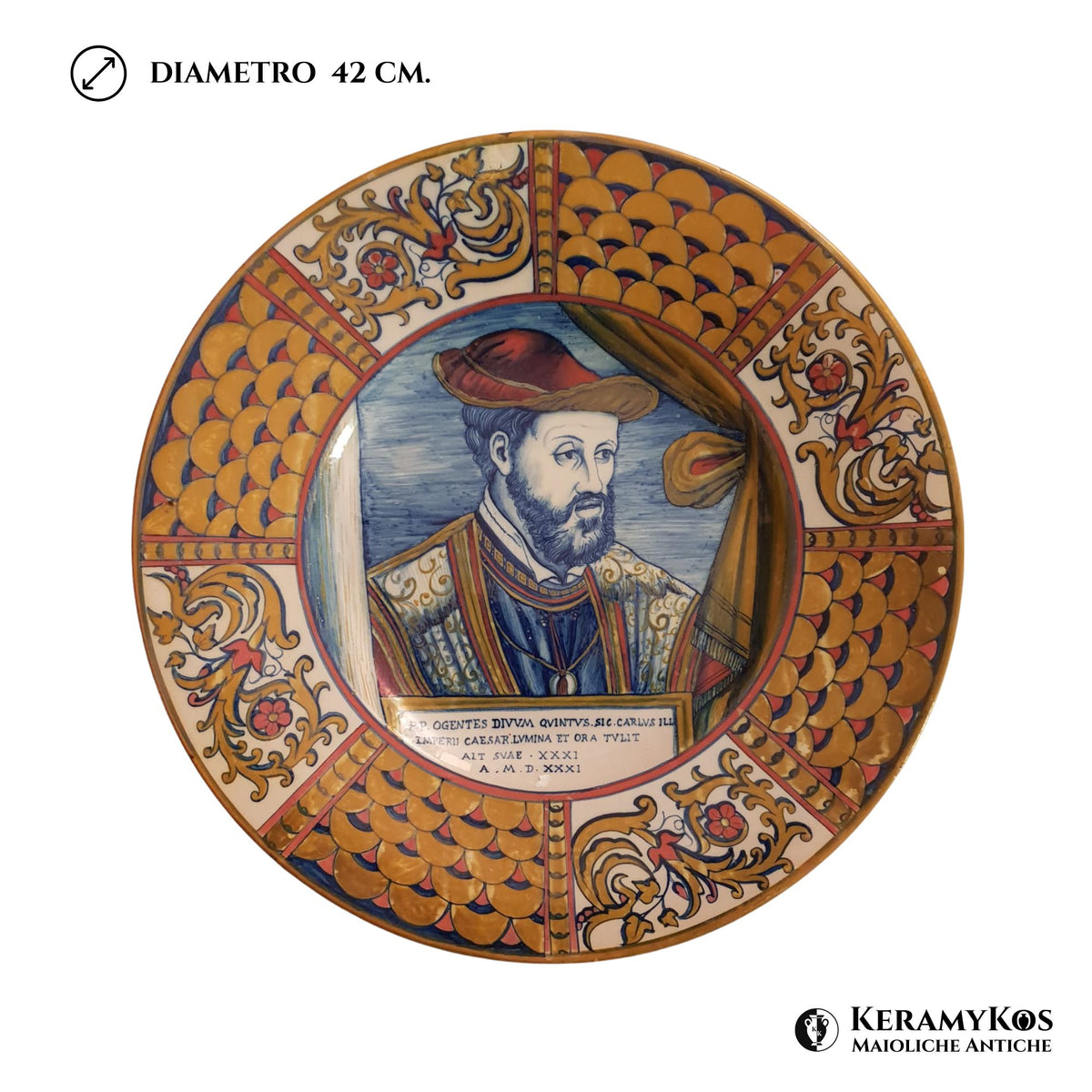 Grande piatto a lustro con ritratto di Carlo V autore Paolo Rubboli Ø 42 cm