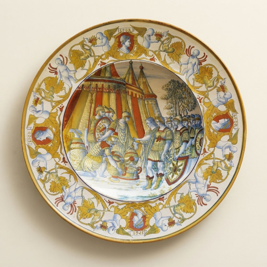 Grande piatto a lustro con scena romanica autore Paolo Rubboli Ø 43 cm 