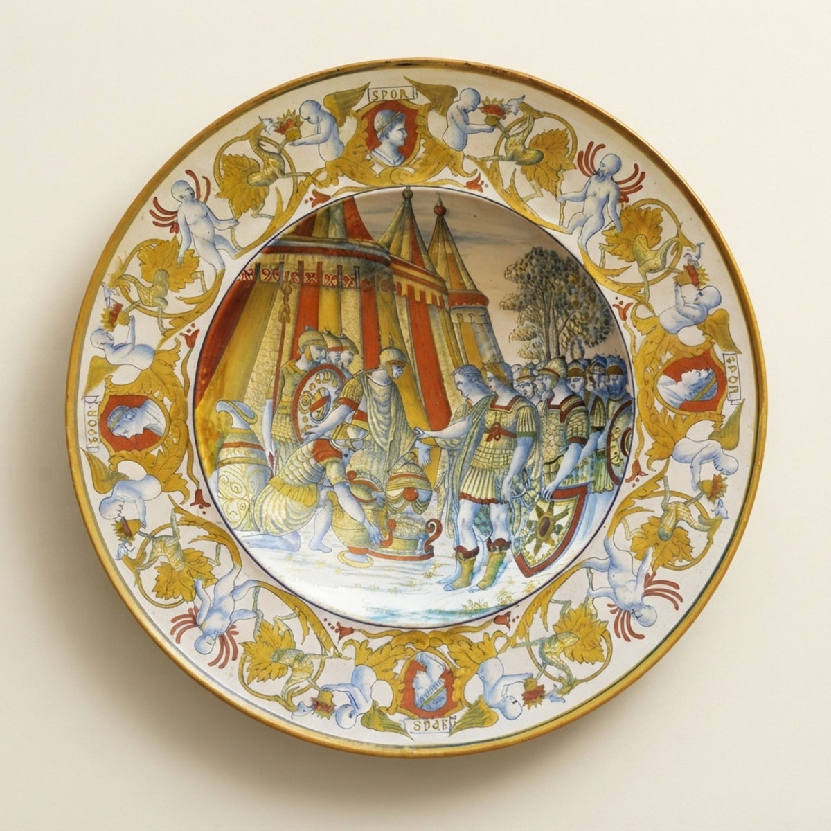 Grande piatto a lustro con scena romanica autore Paolo Rubboli Ø 43 cm 