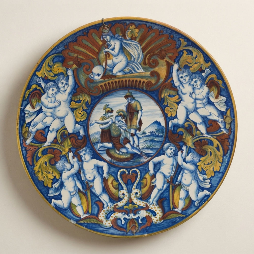 Grande piatto a lustro con scena romanica nell'edicola centrale autore Paolo Rubboli Ø 52 cm