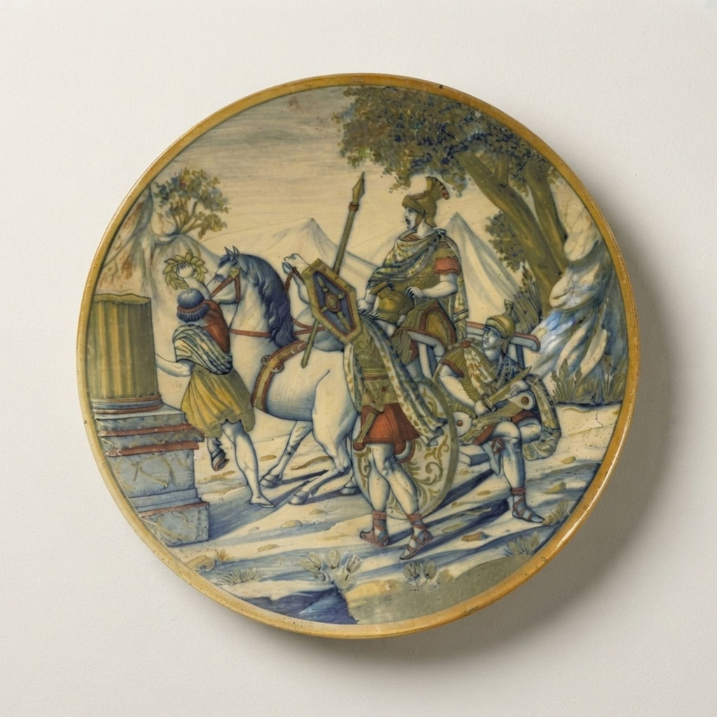 Grande piatto a lustro con scena storica autore Paolo Rubboli commercializzato da Ronconi Ø 42 cm