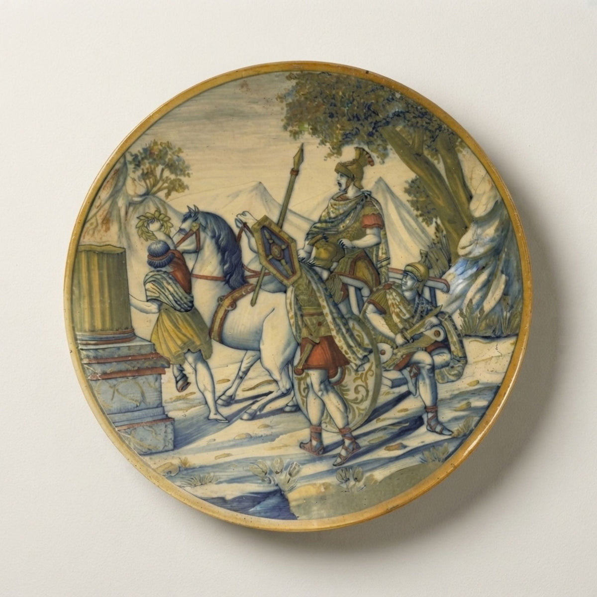 Grande piatto a lustro con scena storica autore Paolo Rubboli commercializzato da Ronconi Ø 42 cm