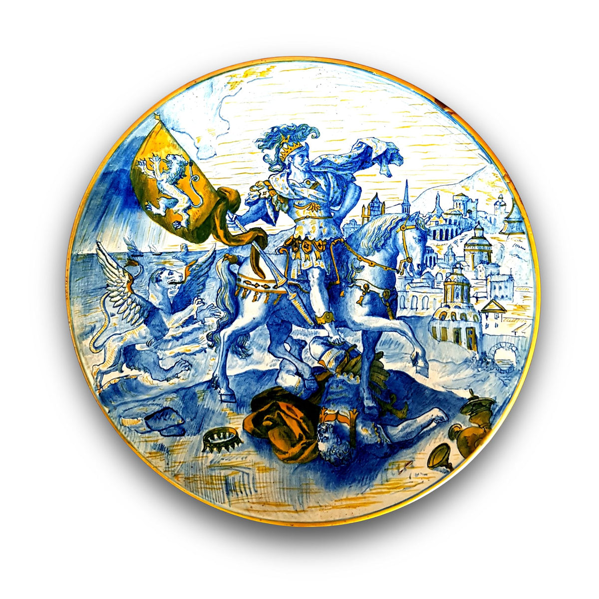 Piatto a lustro con Trionfo di Ciro il Grande Imperatore di Persia autrice Palmira Fedi Ø 27,5 cm