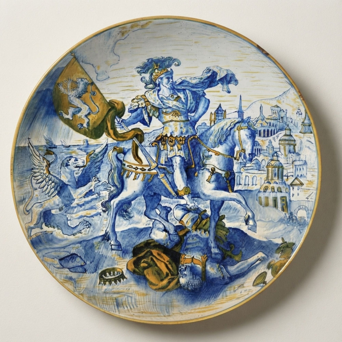 Piatto a lustro con Trionfo di Ciro il Grande Imperatore di Persia autrice Palmira Fedi Ø 27,5 cm