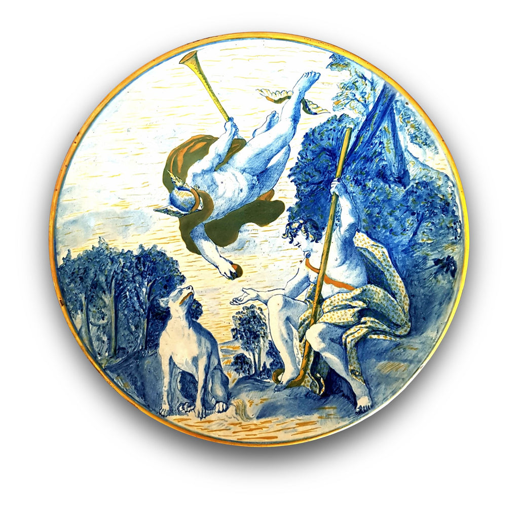 Piatto a lustro con "Mercurio consegna a Paride il pomo d'oro" autrice Palmira Fedi Ø 27,7 cm 
