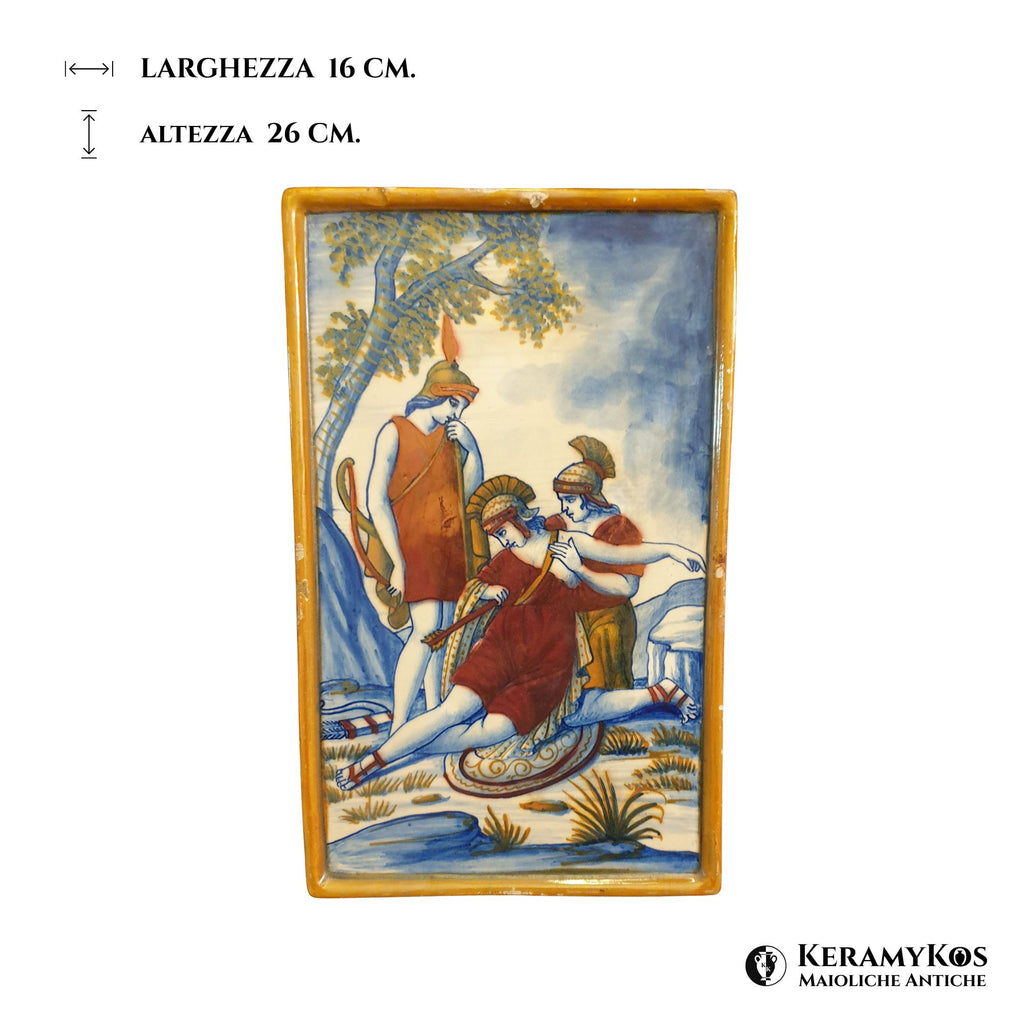 Placca a lustro con "Camilla morente mentre si estrae la freccia dal petto" autrice Palmira Fedi 26 cm